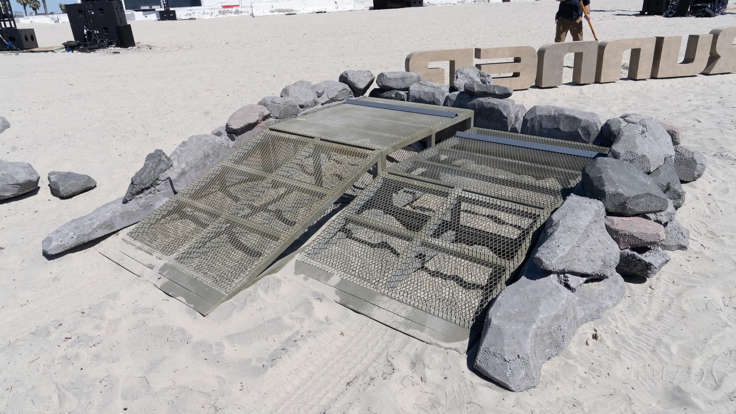 The Rock Ramp's steel framework before the stone facade is placed